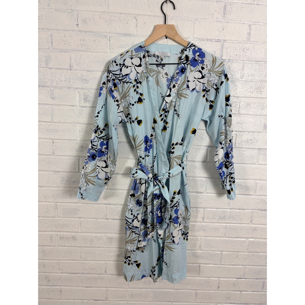 Laurence Tavernier Floral Wrap Robe Womens XS Blue Cotton Long Sleeve Belted